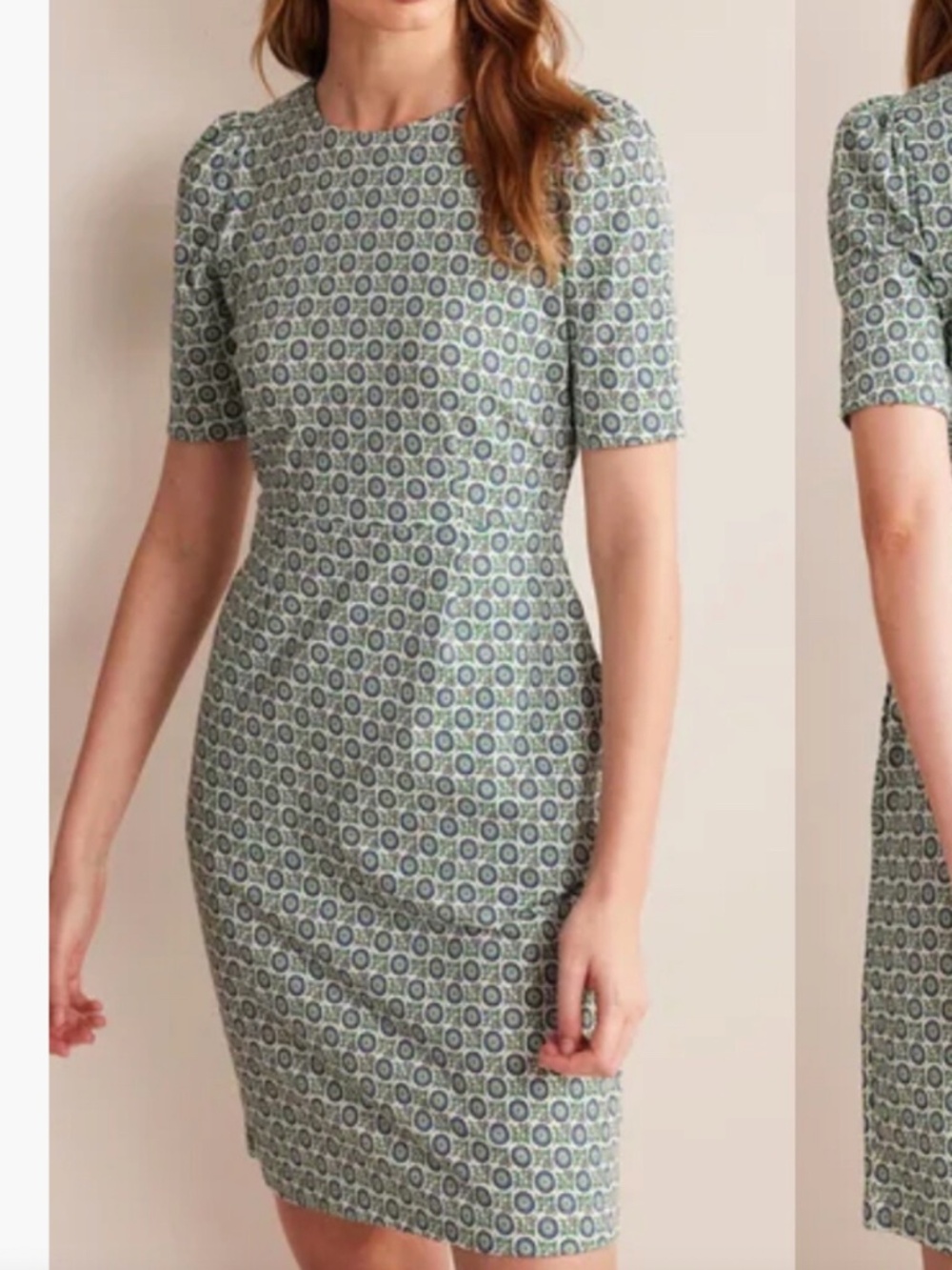 Boden Zoe Crew Neck Jersey T Shirt Dress Blue Green Floral Medallion Size 2P